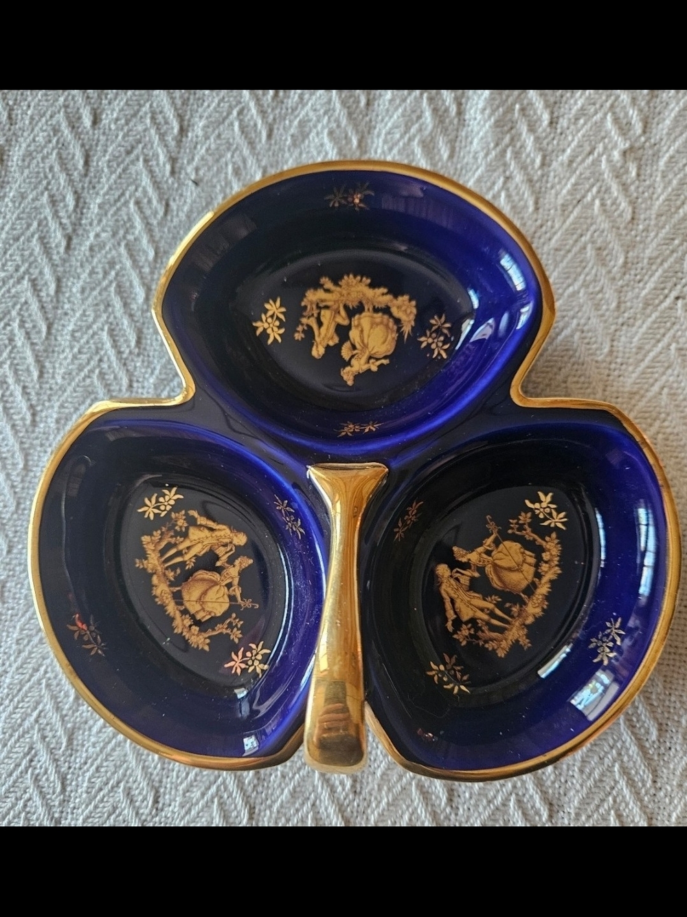 Limoges Cobalt Blue and Gold Three-Section Serving Dish